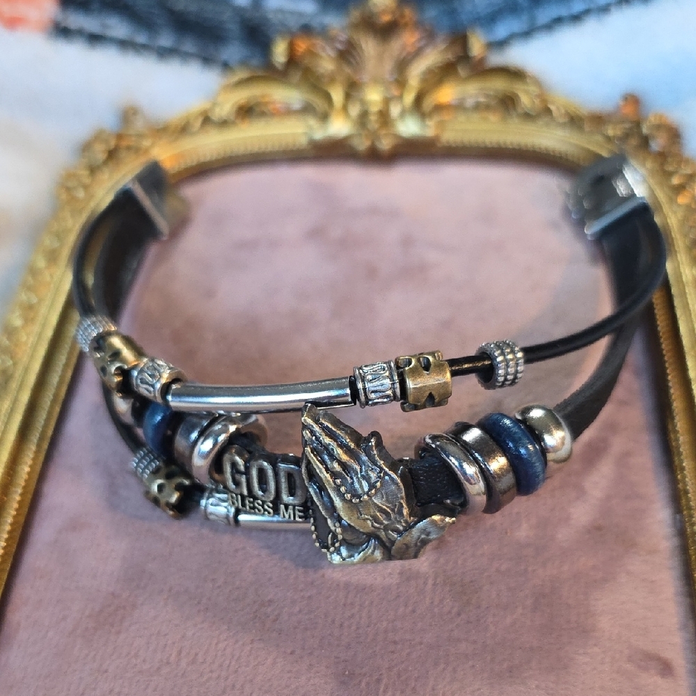 Stainless Steel and Black Leather "God Bless Me" Bracelet